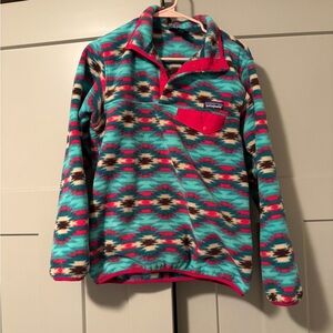 Patagonia Synchilla Teal and Red Fleece Aztec Pattern Pullover